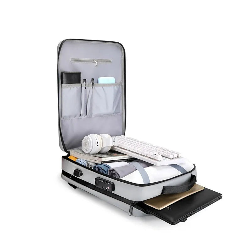 Waterproof black and silver white business backpack with curved shoulder straps and ABS PC frame.