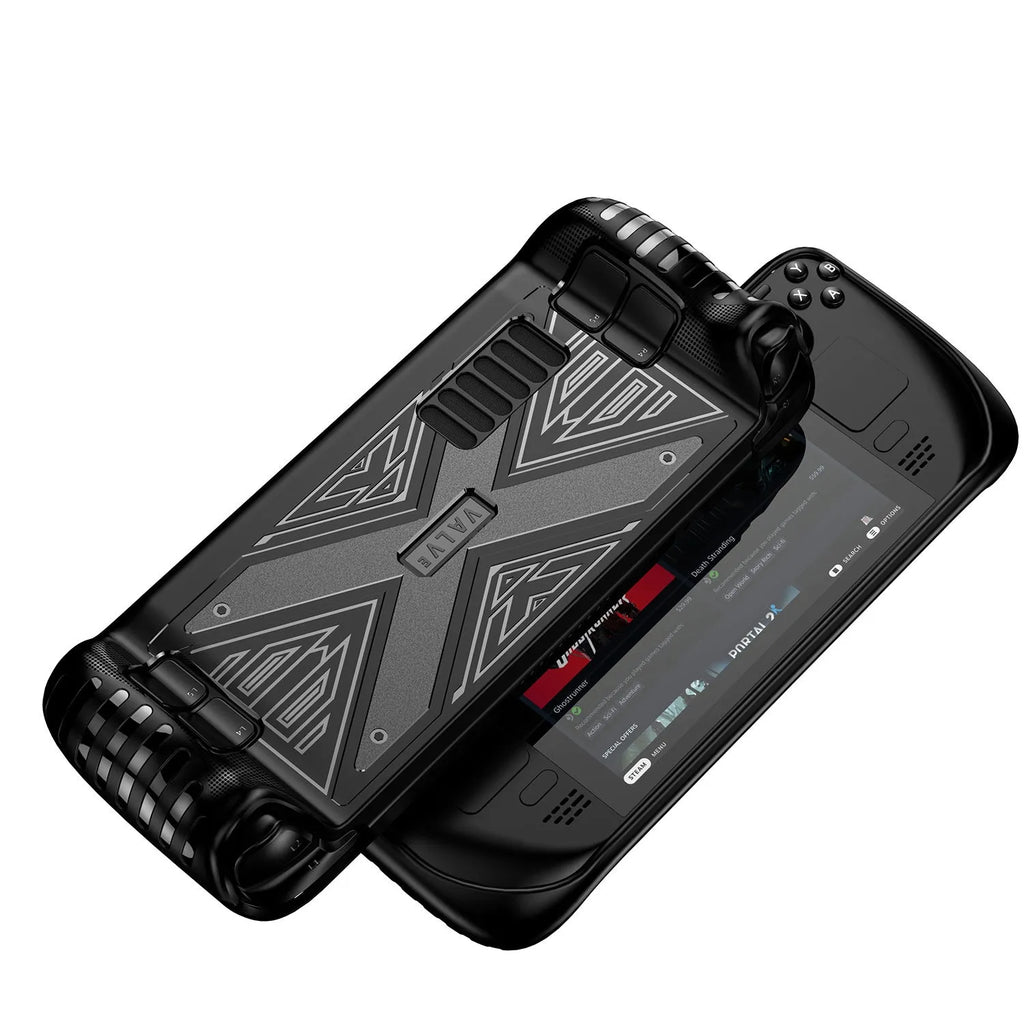Red, blue, and black soft silicone TPU protective covers for a Steam Deck game console.
