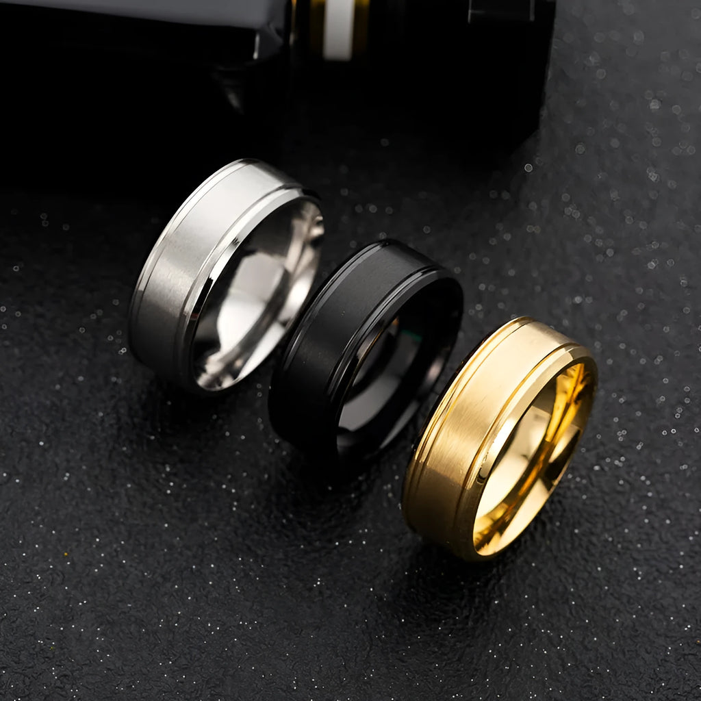 8mm stainless steel unisex ring with geometric circle design in black, gold or silver, sizes 5 to 14