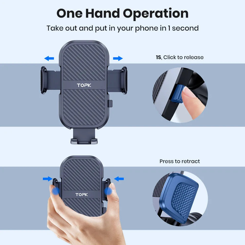 TOPKD46 universal car phone holder with multiple bracket styles for windscreen, vent, and dashboard mounting.