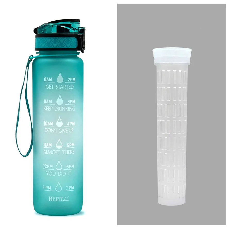 Blue and red gradient 1 litre Tritan sports water bottle with time markers and a black flip-top lid.