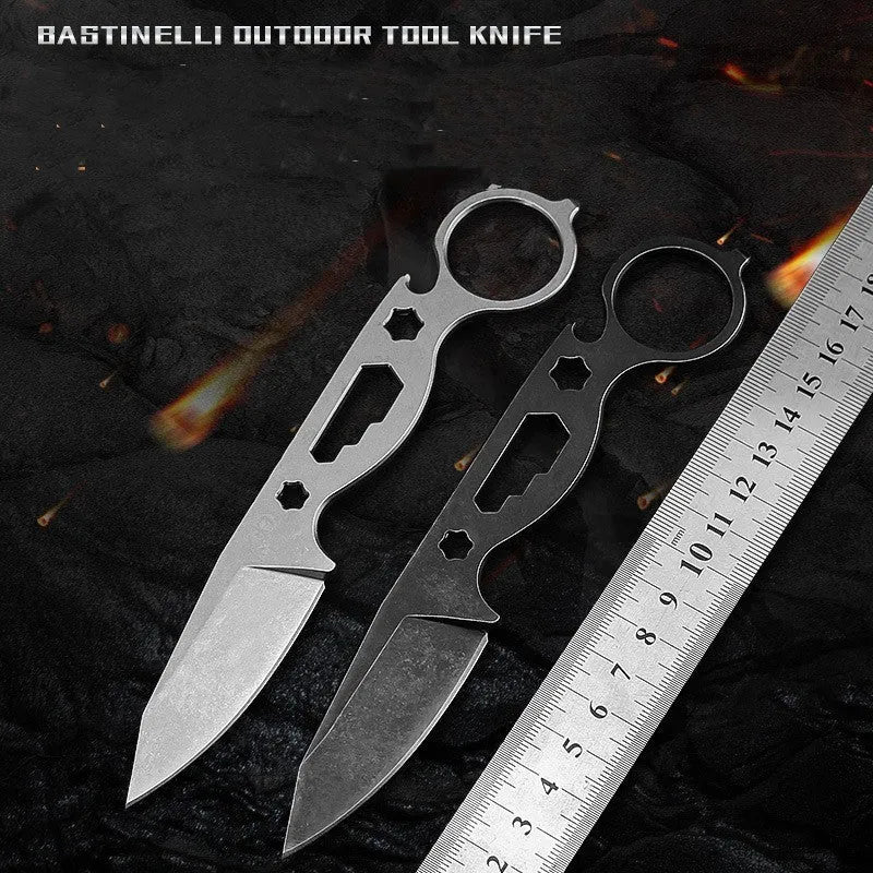 Wilderness Survival Small Straight Knife Hunting Knife Pocket Knife 440C Steel 177mm Total Length 65mm Blade 3.5mm Thick 57HRC Stone Wash Finish with K Sheath Bottle Opener Hex Wrench Broken Window Cone Black White