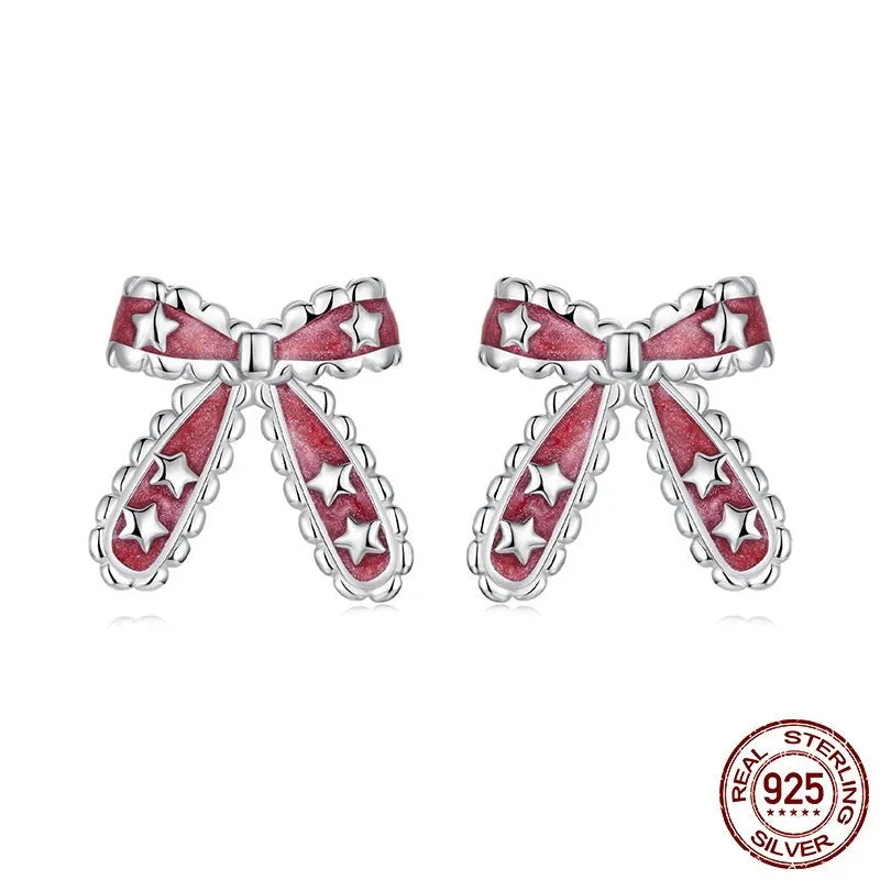 Christmas bowknot 925 sterling silver stud earrings with dripping oil finish in colour BSE1256