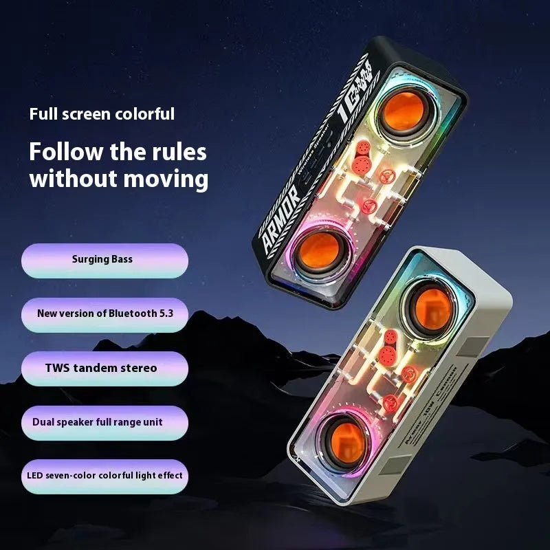 Double speaker transparent mech wireless Bluetooth speaker with dual 40mm drivers, black A39 colour option