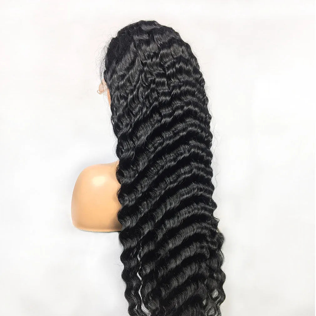 Deep wave human hair lace frontal wig black medium long length 8 inches