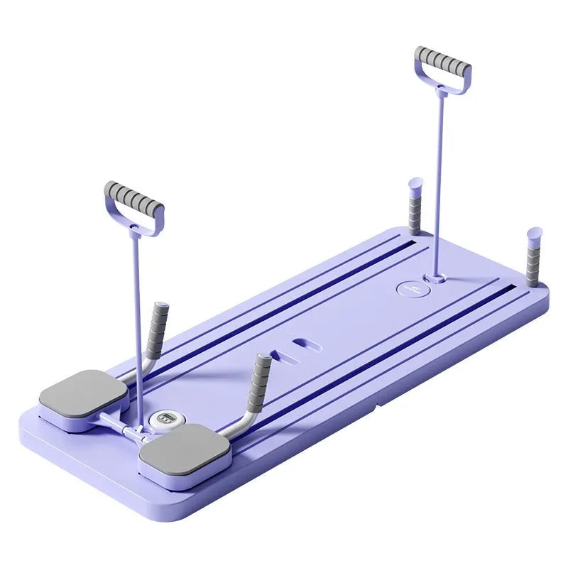 Purple multi-functional fitness board with an automatic rebound abdominal wheel for core and full-body home workouts.
