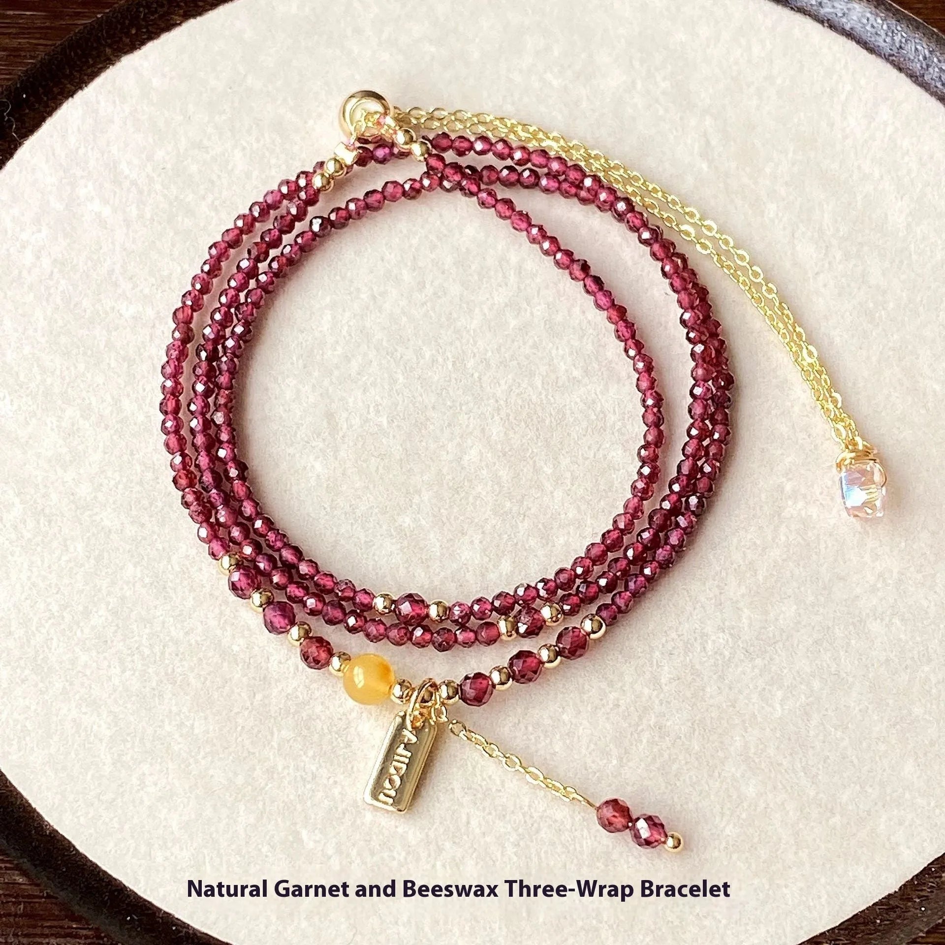 Garnet wine red three circle bracelet necklace with beeswax cut surface detailing