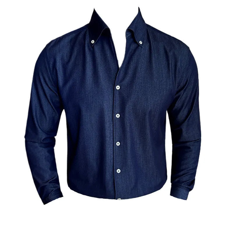 Men's slim fit long-sleeved denim shirt in solid colour polyester blend fabric