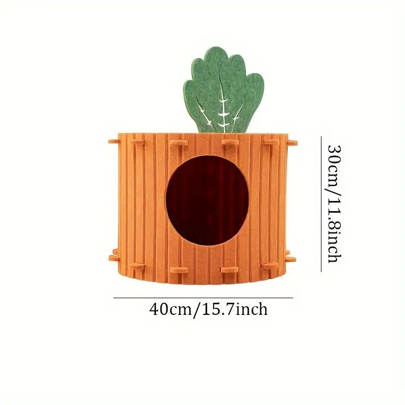 Orange carrot-shaped felt cat bed tunnel with entrance hole, shown in medium and large sizes.