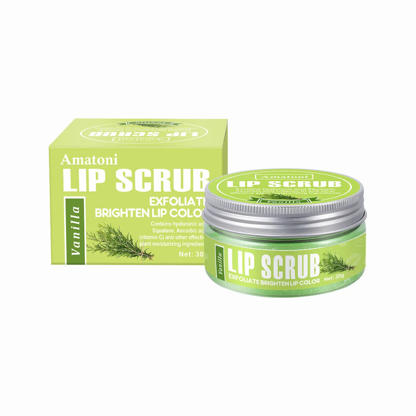 Amatoni Lip Scrub pot in four flavour options: coconut, raspberry, vanilla, and watermelon