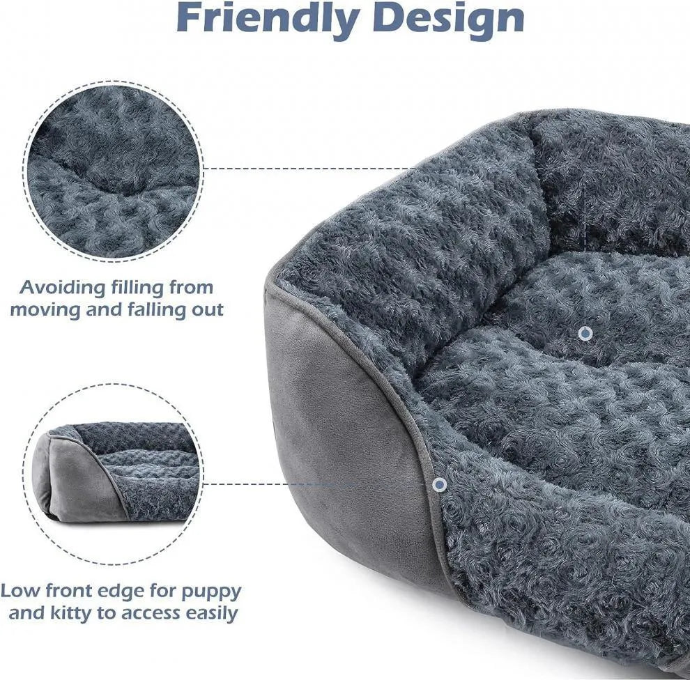 Beige pet kennel bed with golden retriever stuffed toy and removable faux fur cover