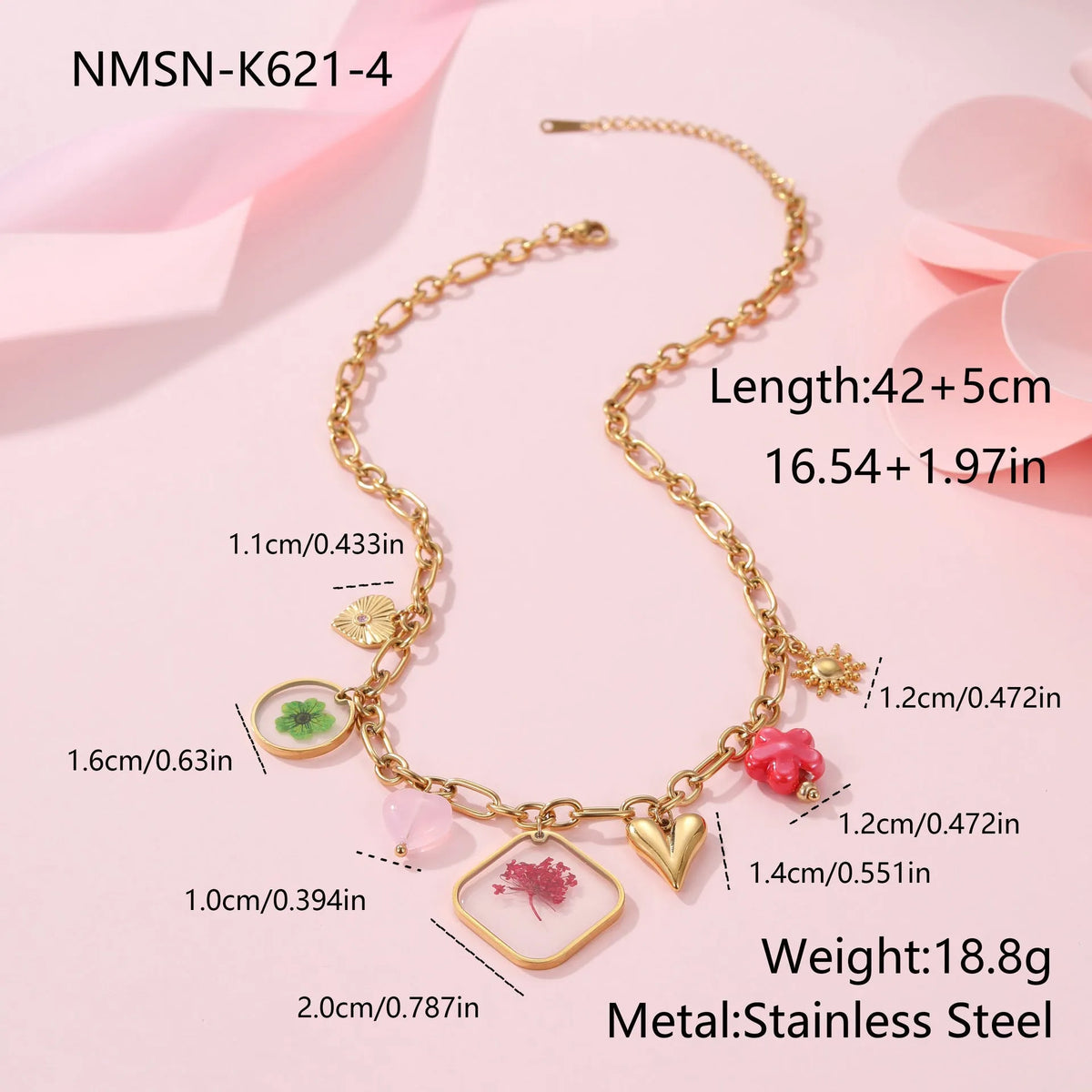 Stainless steel necklace with geometric epoxy flower pendant and 18K gold electroplated finish on a regular chain