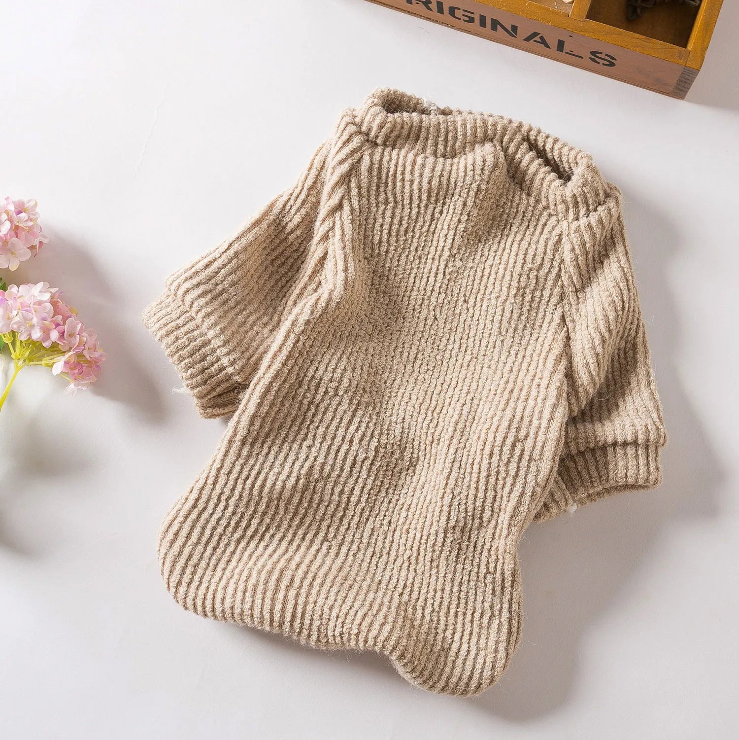Brown cloth dog sweater pullover for small breeds on model dog