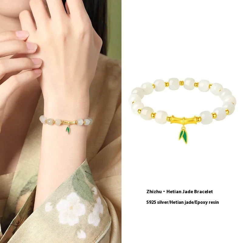 Women's S925 sterling silver Hetian jade bracelet with bamboo leaf design and gold finish