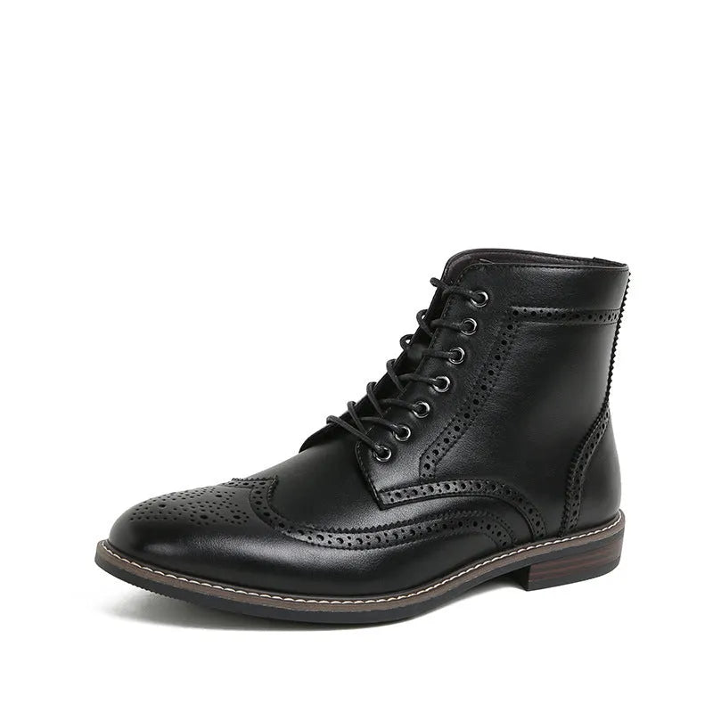 Retro high-top men's work ankle boots in black and light brown with rubber and PU construction