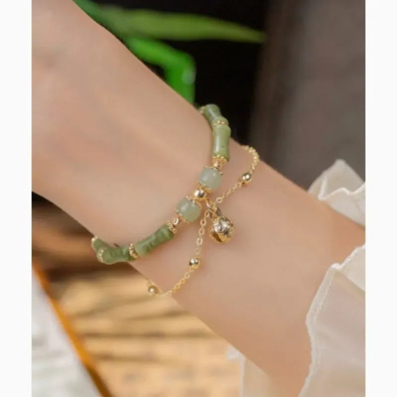 Women's natural Hetian jade bamboo bracelet geometric shape manual processing 15+3 cm size