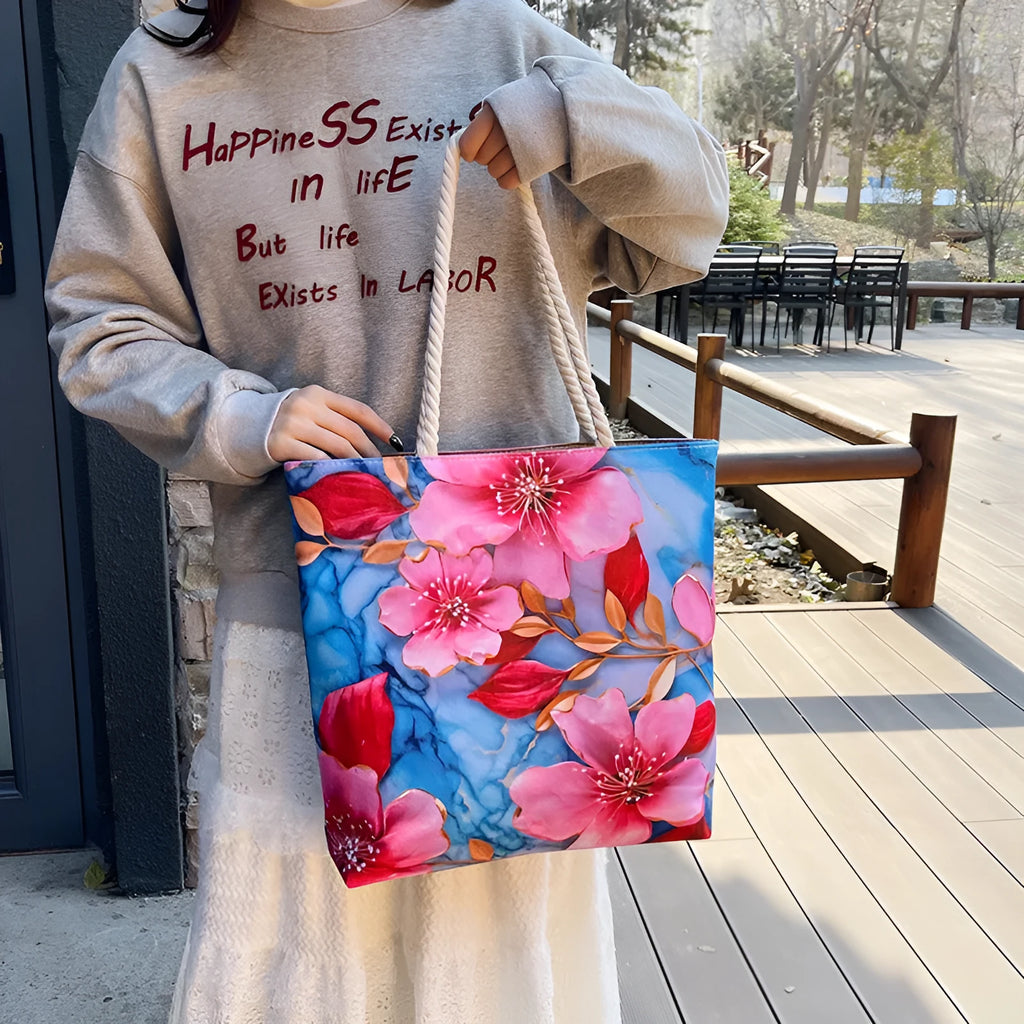 Cotton linen shoulder bag with double straps and horizontal square shape showing open pocket and internal zipper organisation