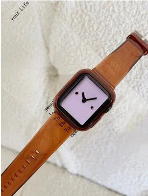 Brown transparent silicone Apple Watch replacement strap showing compatibility with Series 1-7 and SE models