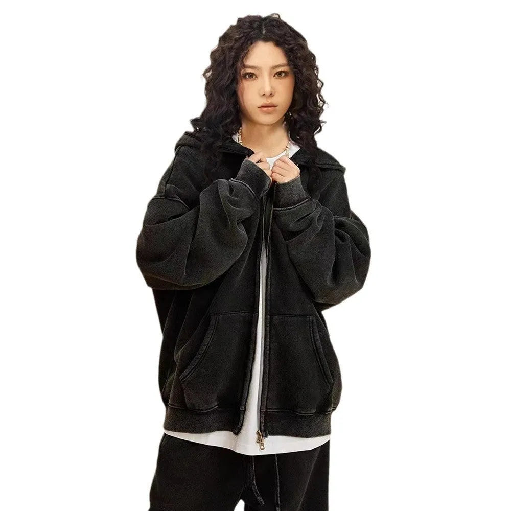 Men's vintage-style hooded cardigan sweater in cotton with a fleece lining and double zipper.