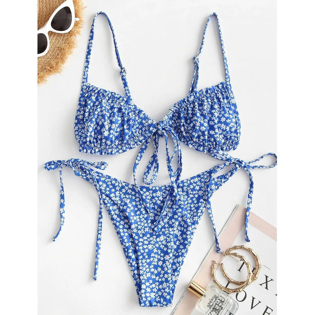Women's printed multi-rope banded bikini swimsuit with short sleeves and lapel collar in blue or pink