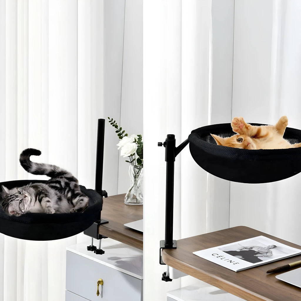 Desktop suspended cat bed with iron stand, black base, and gray plush winter nest