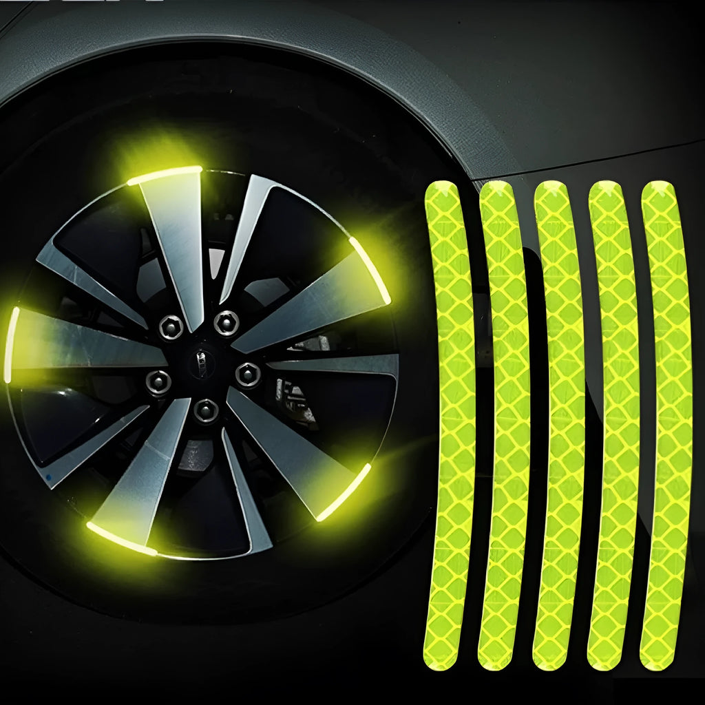 Pack of 20 arc-shaped PVC reflective stickers for car wheel hubs in multiple colour options