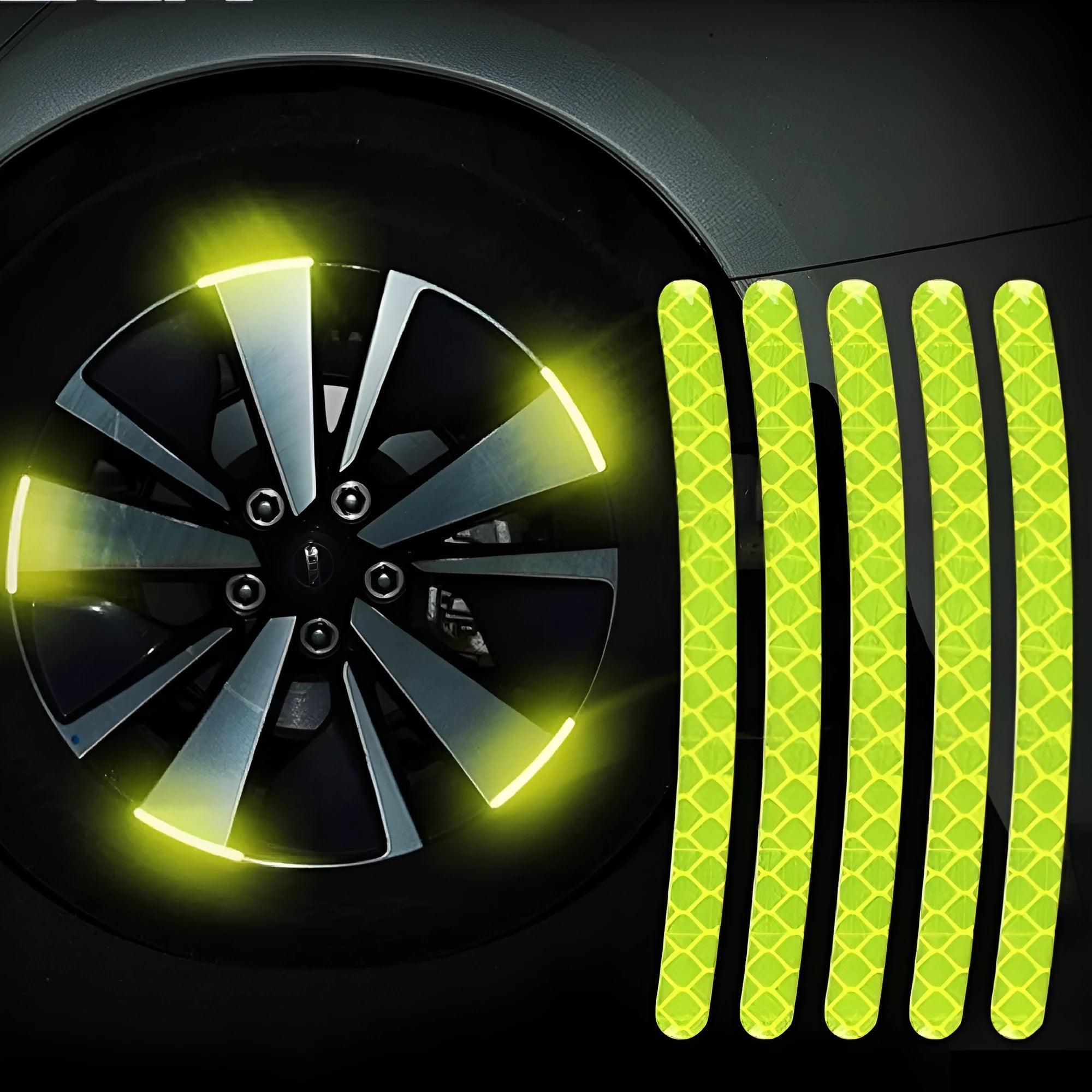 Pack of 20 arc-shaped PVC reflective stickers for car wheel hubs in multiple colour options