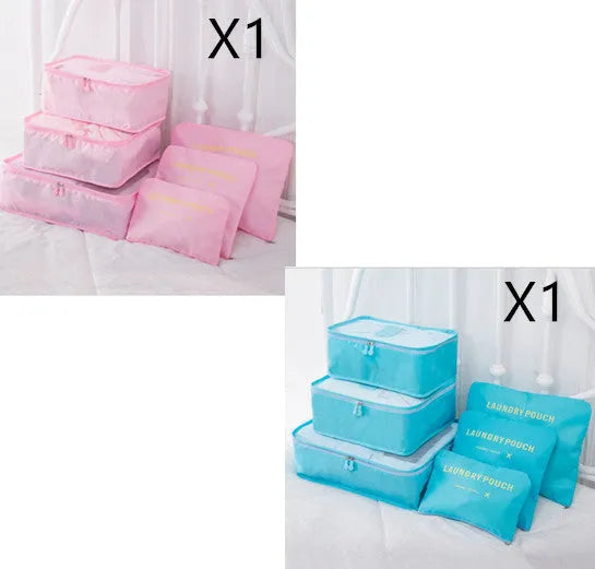 6 PCS travel storage bag set in polyester with handbag shape, multiple colour options for clothes and cosmetic organisation