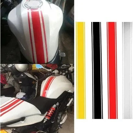Motorcycle reflective pinstripe decal strip in black, red, silver, and yellow colours.