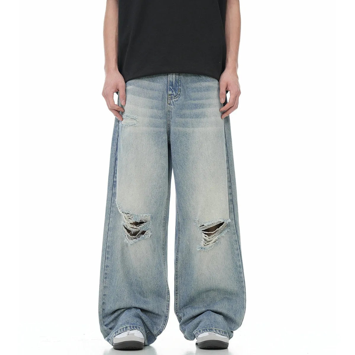 Blue straight-leg men's jeans with retro ripped detailing and zipper fly