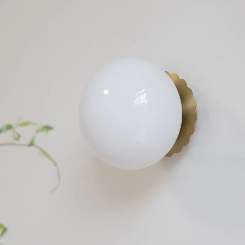 French retro cream magic bean wall lamp with wrought iron frame and glass shade, 18cm diameter, gold plating option