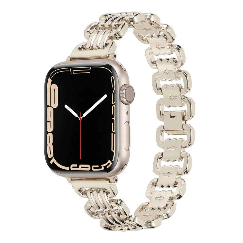 Alloy metal Apple Watch bracelet in silver, black, gold, rose gold, and starlight colours on a grey background.