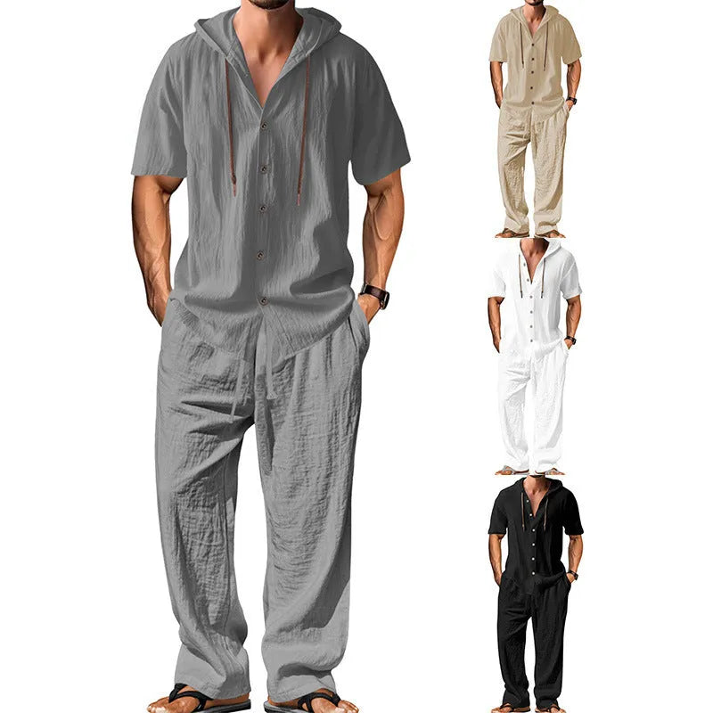 Men's two-piece cotton sportswear leisure suit in a classic colour on a hanger