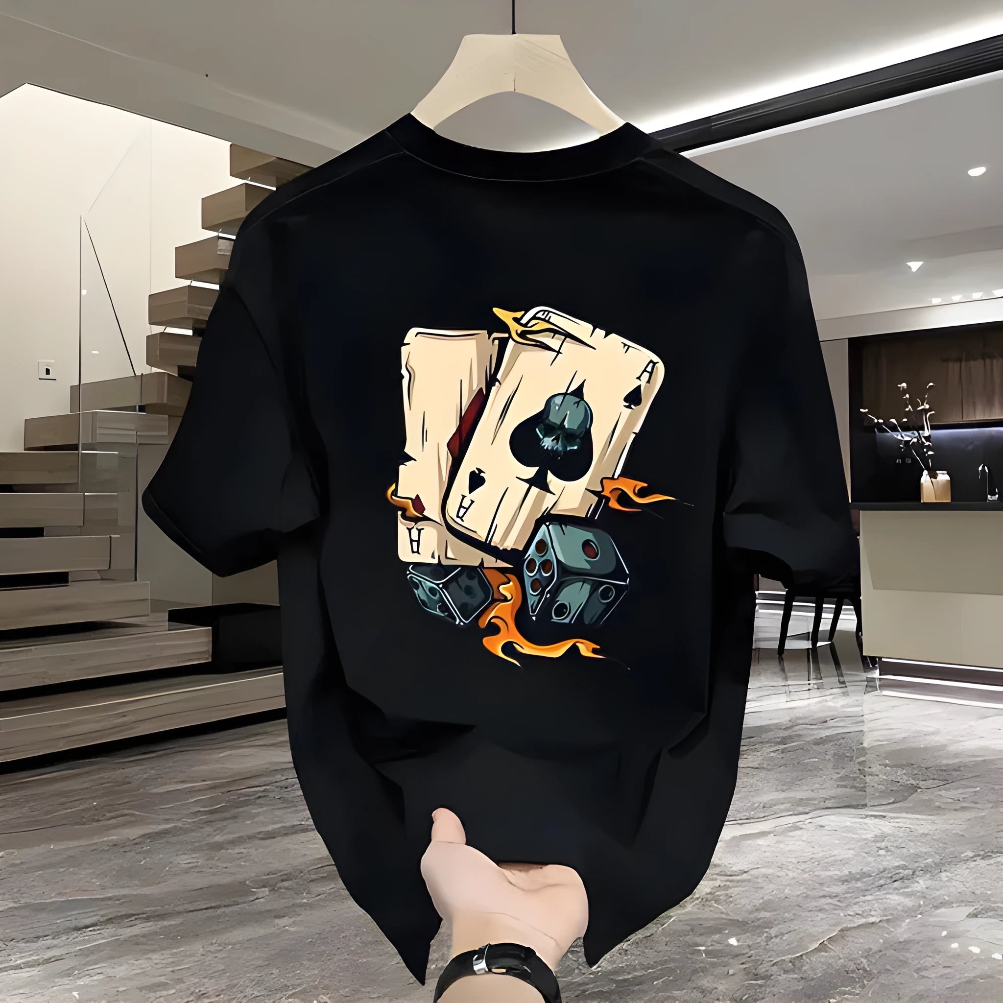 Men's black and white heavy cotton short-sleeved T-shirt with printed design, shown in sizes from S to 5XL.