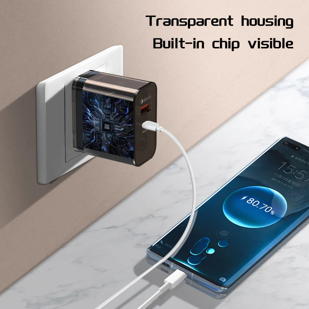 38W transparent plastic case Type-C charging adapter with EU round plug feet
