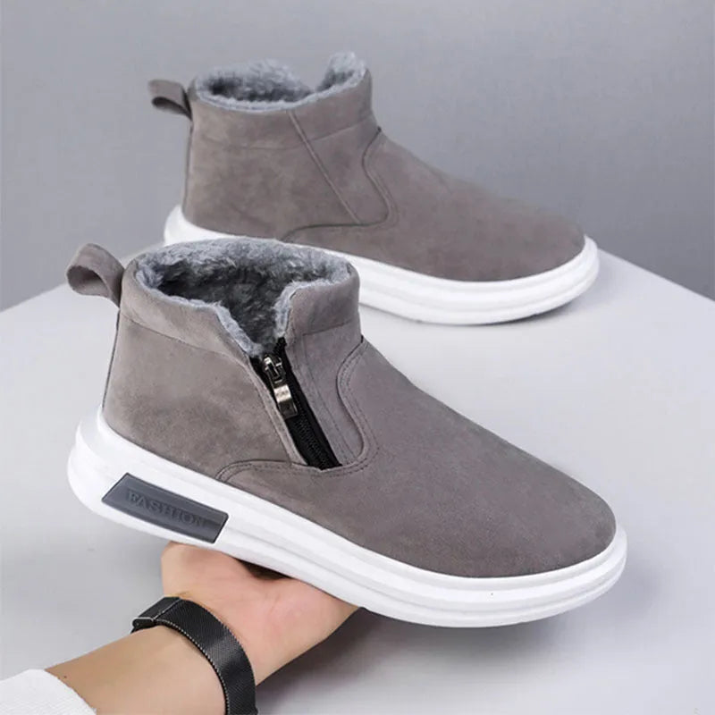 Men's winter snow boots with side zipper, plush lining, cotton upper and wear-resistant rubber outsole in black or grey.