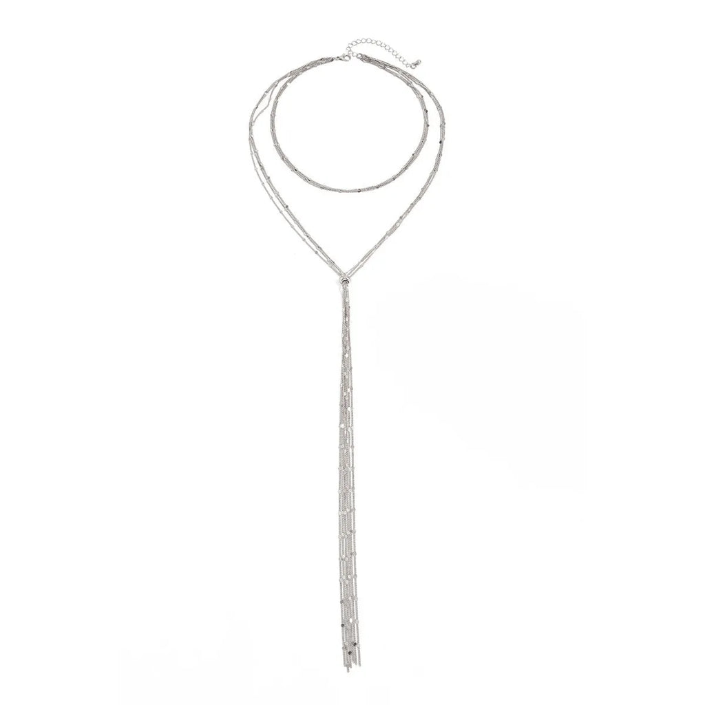 Women's Y-shaped tassel neck back chain in gold 7458 with copper geometric pendant and multi-layer chain