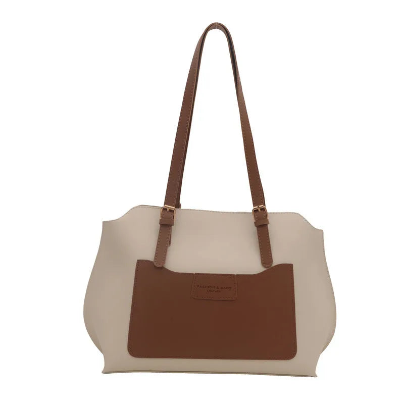 Horizontal square PU tote bag for women in black, showing external sandwich pocket and double shoulder straps.