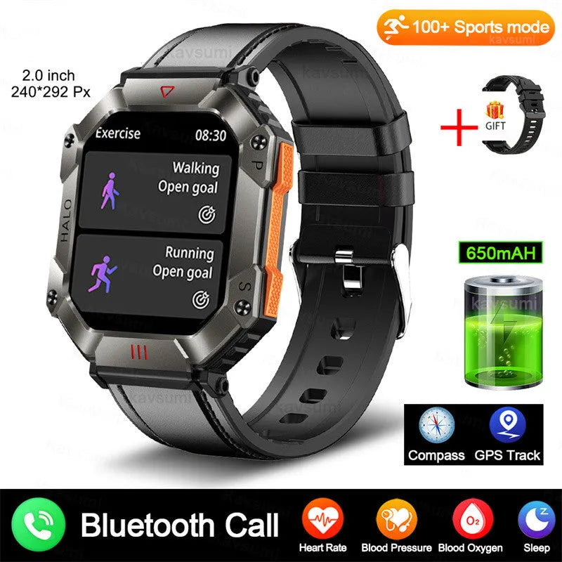 Android GPS smart watch with Bluetooth call on wrist, showing resin dial and titanium alloy case with optional leather strap.