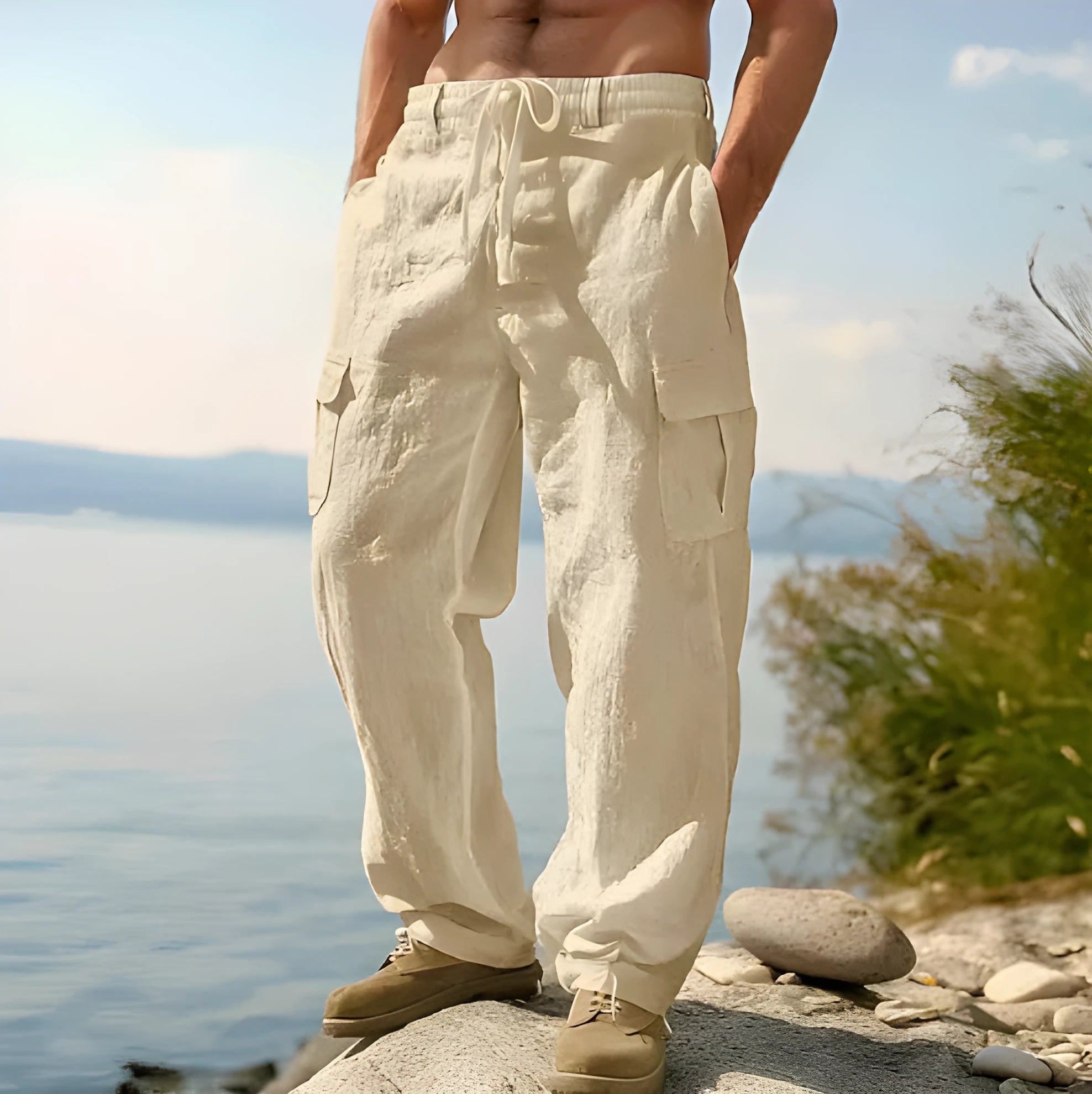 Men's cotton wide-leg casual trousers in solid colours with micro elastic waist
