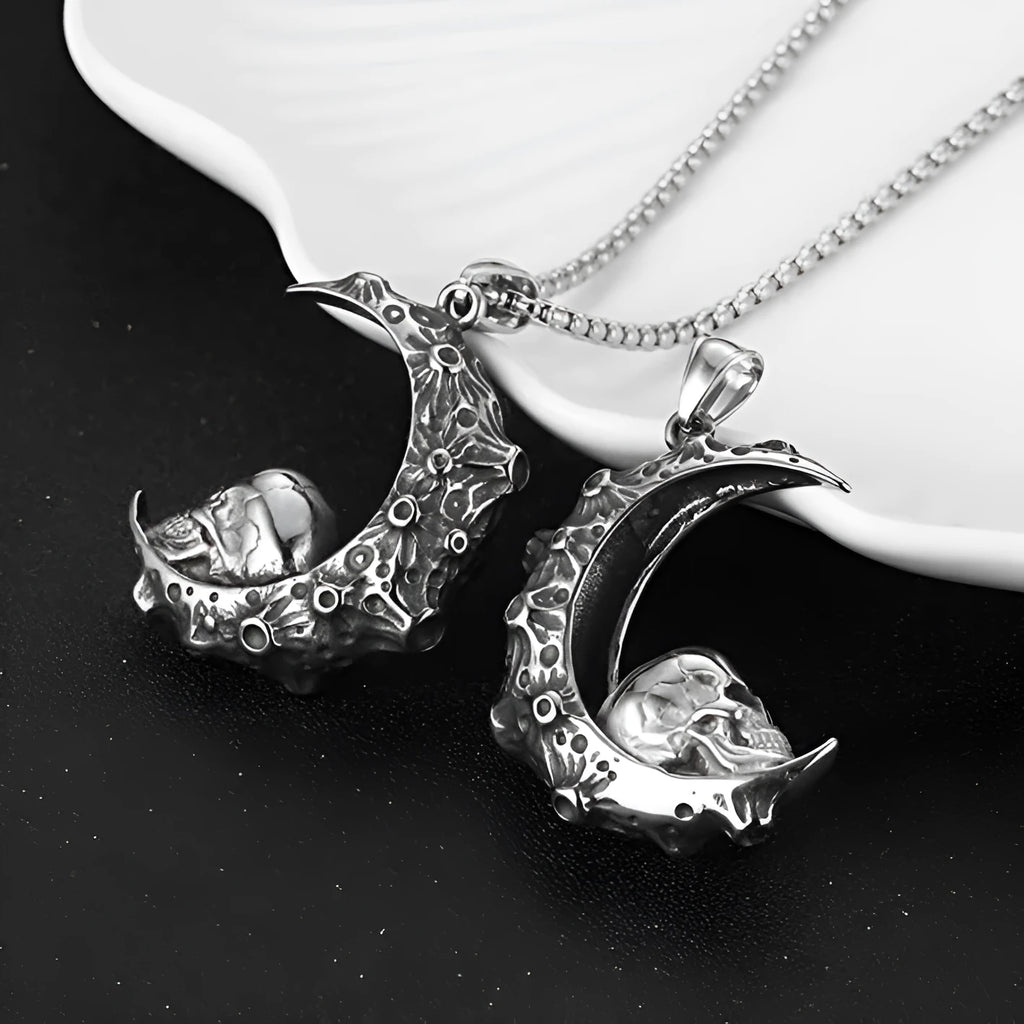 Men's stainless steel necklace with electroplated silver alloy pendant showing six gothic design options