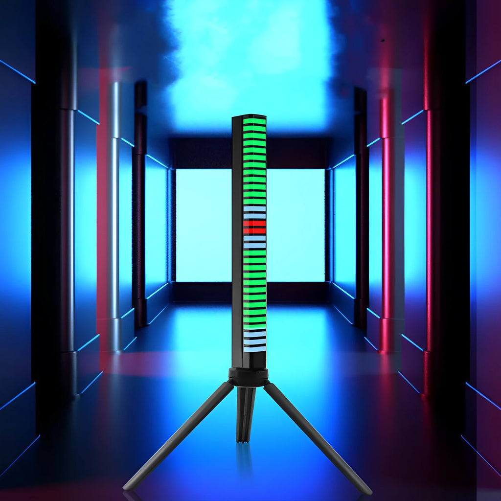 Voice control music rhythm light bar with acrylic shell, 180 x 16 x 19 mm, black or white, USB or battery.