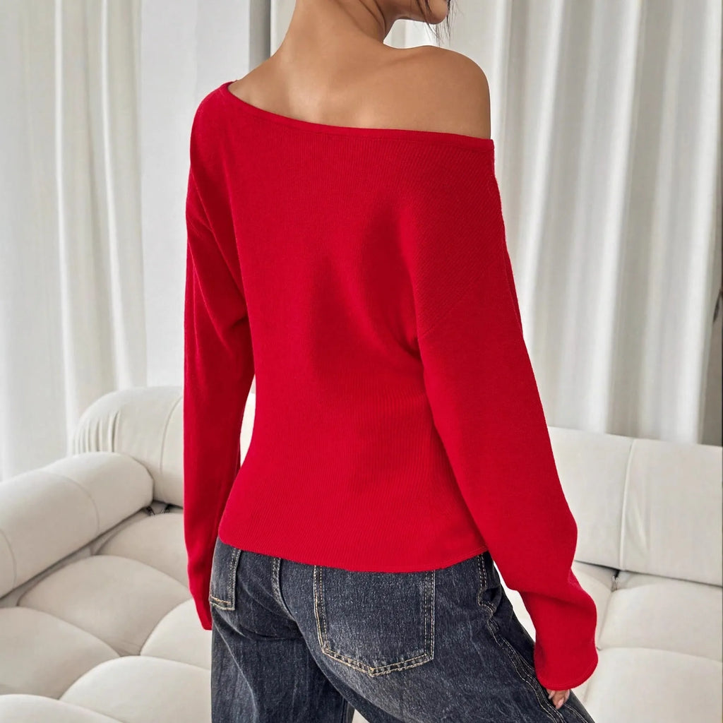 Women's long-sleeved knitted round-neck waist-cinching base sweater in polyester cotton, available in white, black, red or pink