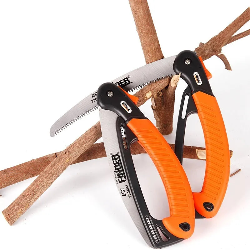 A folded and unfolded view of a black TPR grip folding pruning saw with a 9-inch 65MN steel blade.