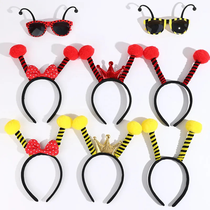 Yellow and black bee costume headband and glasses set on a mannequin head