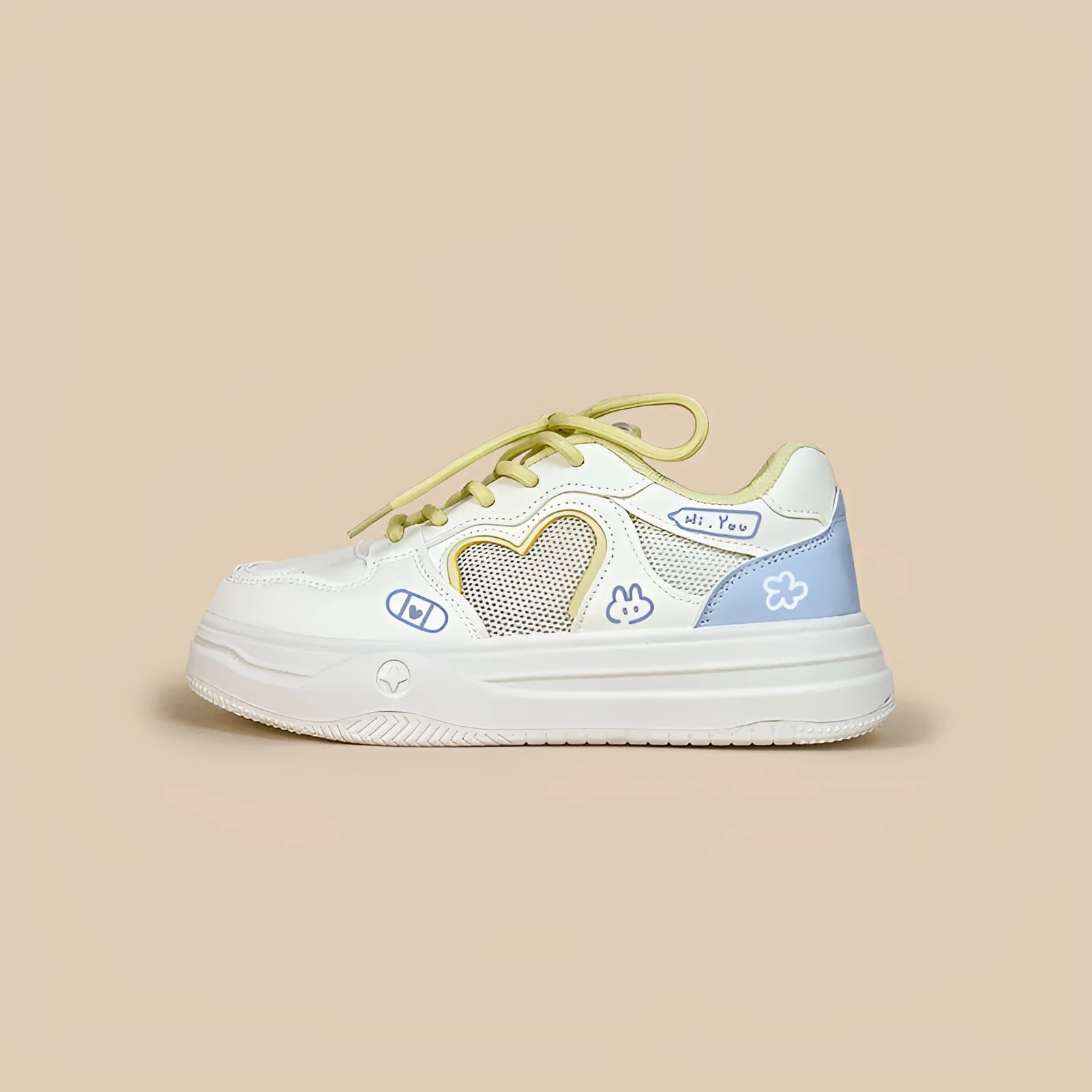 Korean-style white and blue sneakers with mesh cross-straps and lace-up closure for children.