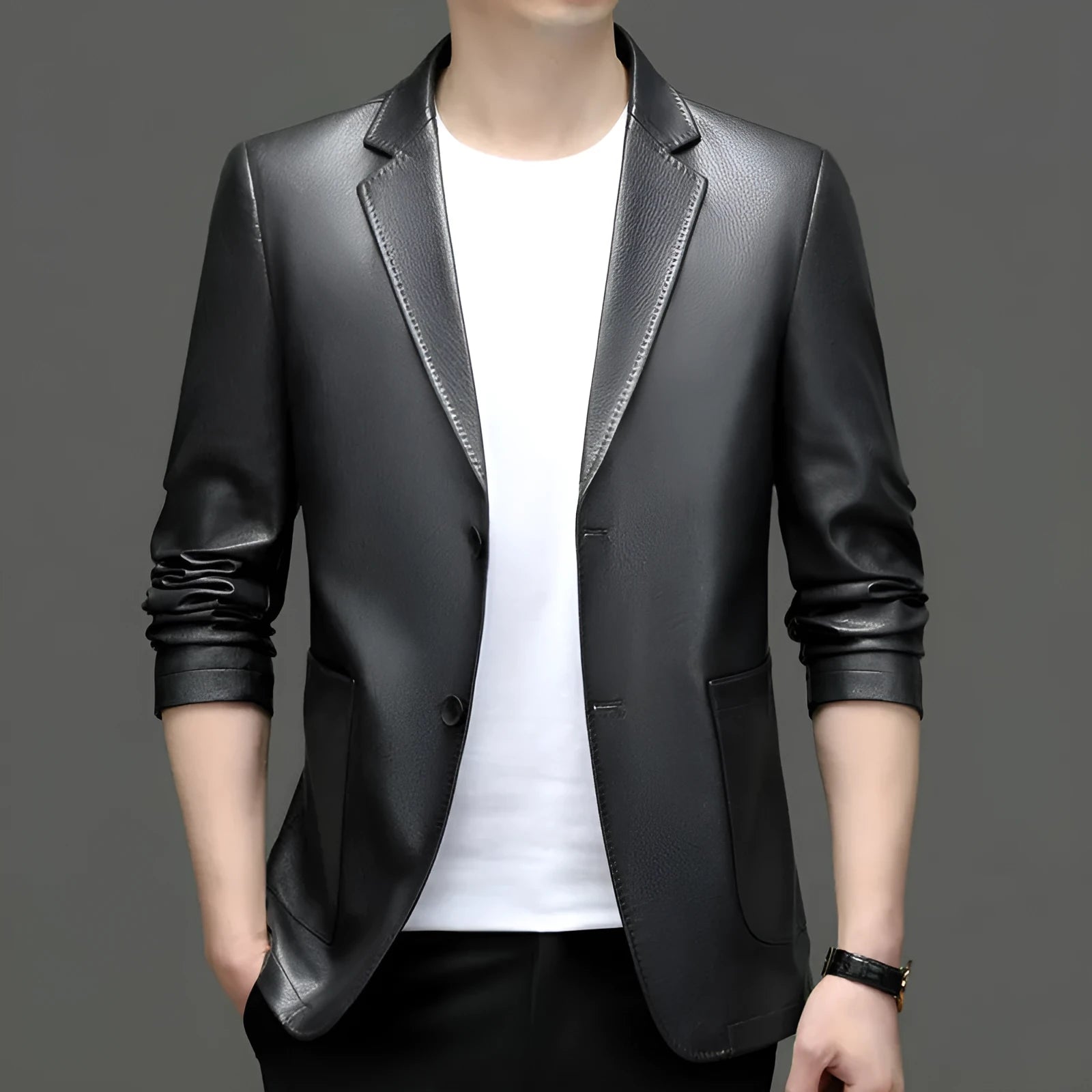 Men's trendy PU leather jacket coat in black, Korean style, sizes 170-195