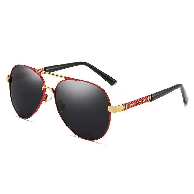 Men's metal frame polarised sunglasses in gold, black, and silver with grey or colour-changing lenses.