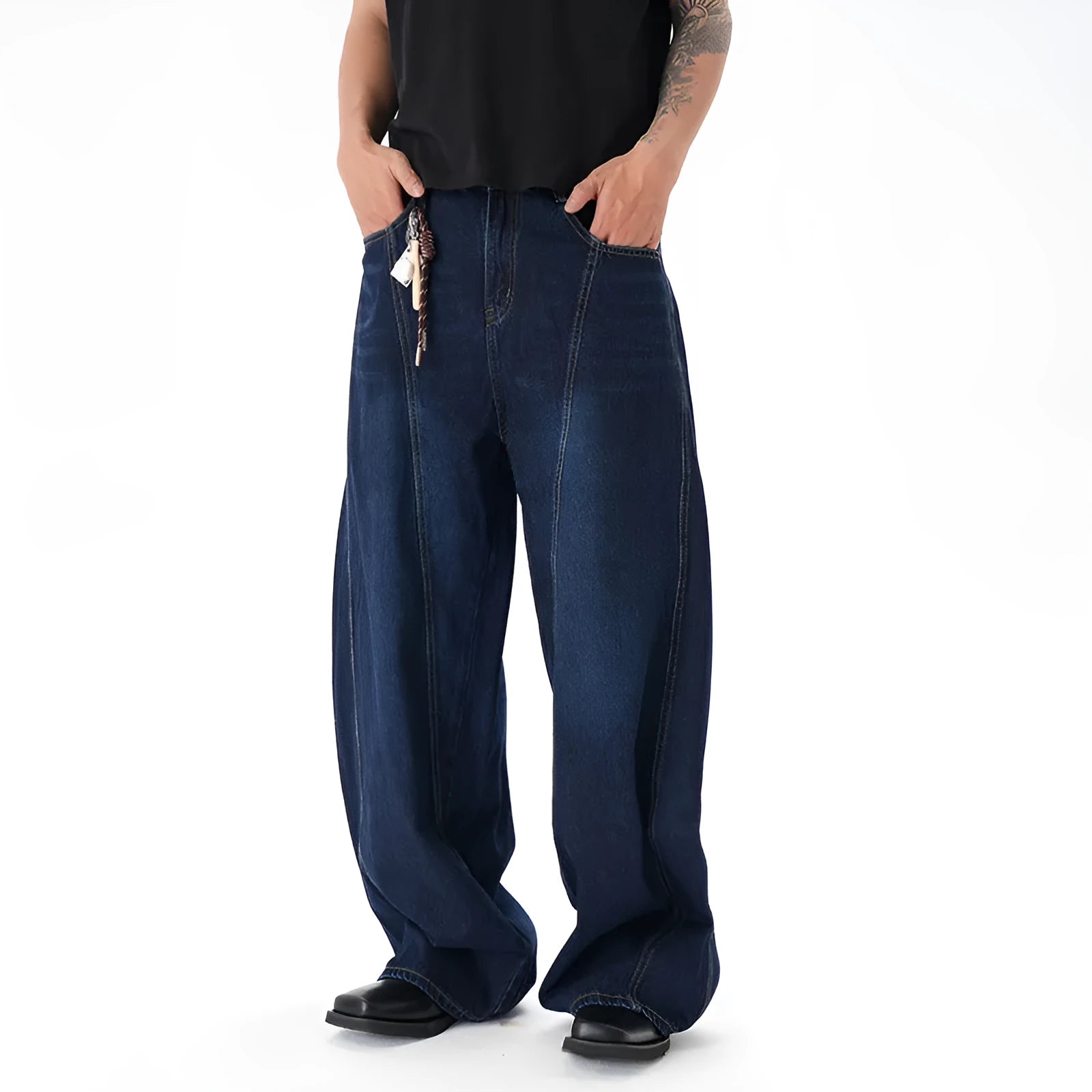 Washed distressed dark blue wide leg women's jeans with loose fit and denim fabric
