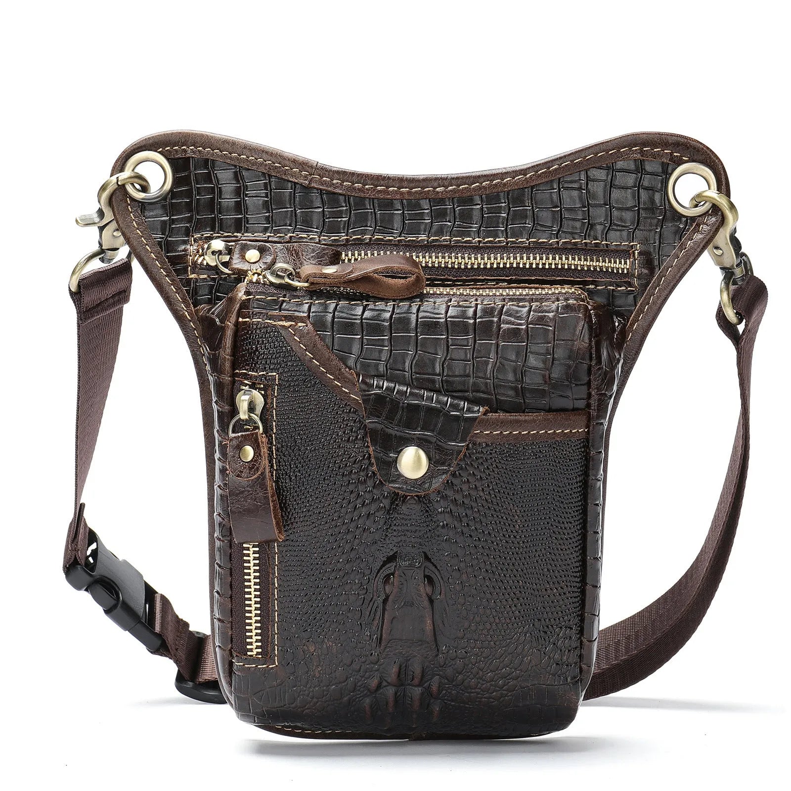 Men's brown Crazy Horse leather retro satchel bag with flap closure on a table.